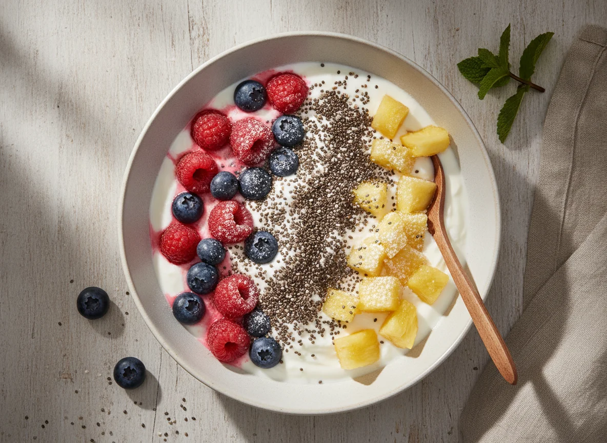 Frühstücks-Bowl mit Joghurt, Früchten und Chiasamen photo