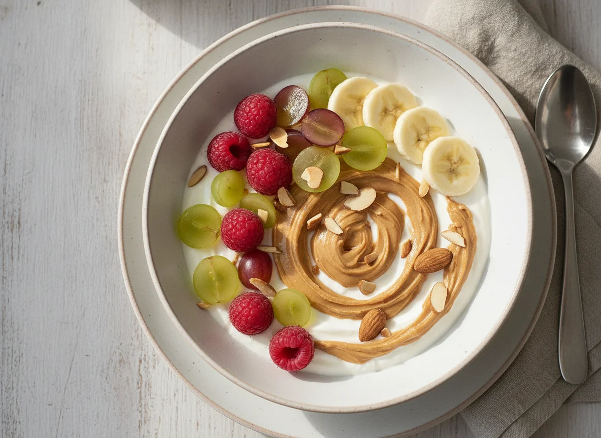 Frühstücks-Bowl mit Joghurt, Früchten und Erdnussmus photo
