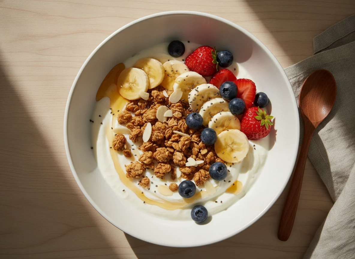 Frühstücks-Bowl mit Joghurt, Früchten und Granola photo