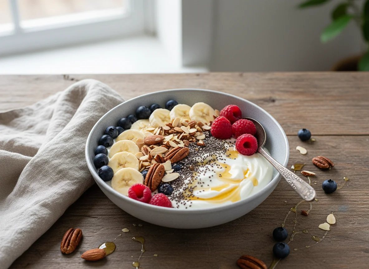 Frühstücks-Bowl mit Joghurt, Früchten und Nüssen photo