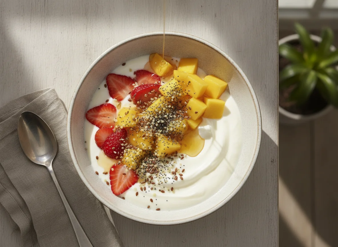 Frühstücks-Bowl mit Joghurt, Früchten und Samen photo