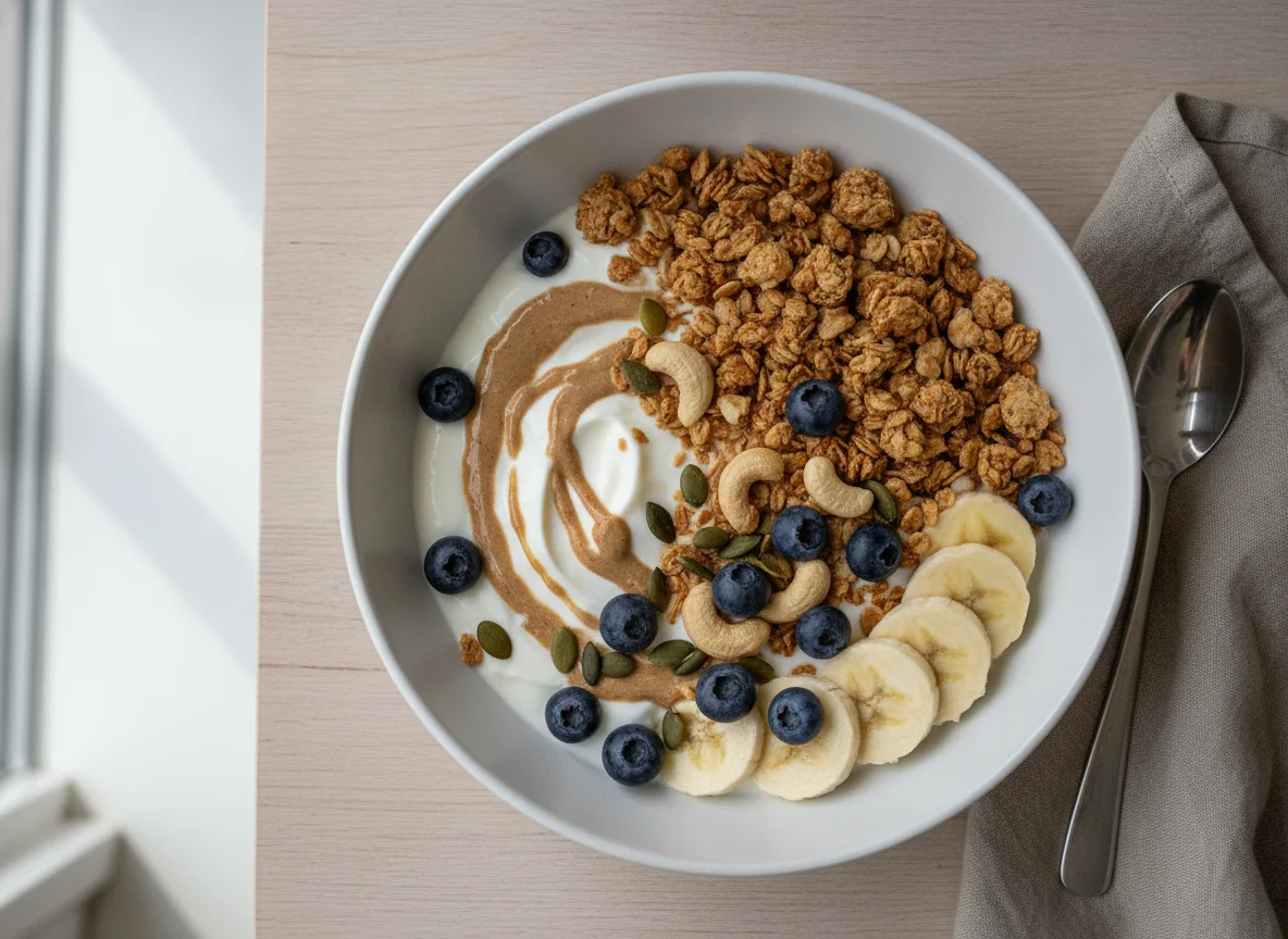 Frühstücks-Bowl mit Joghurt, Granola und Banane photo