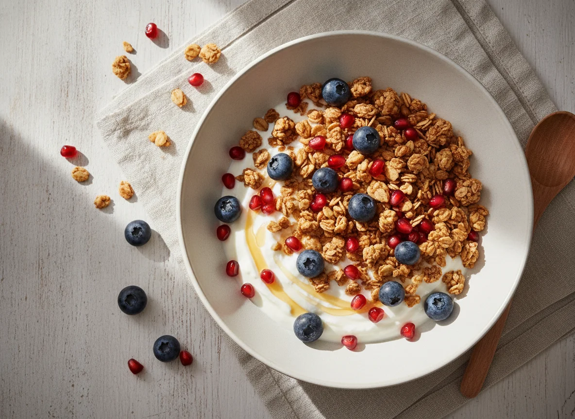 Frühstücks-Bowl mit Joghurt, Granola und Beeren photo
