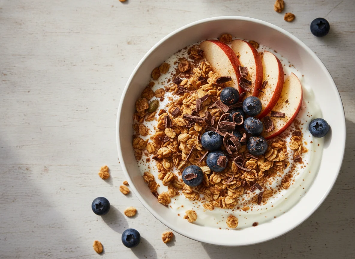 Frühstücks-Bowl mit Joghurt, Granola und Früchten photo