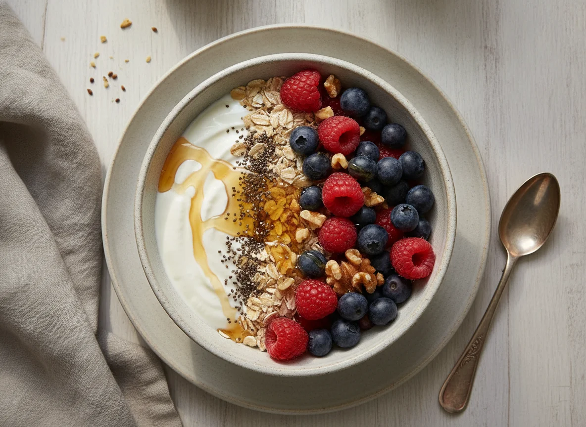 Frühstücks-Bowl mit Joghurt, Haferflocken und Beeren photo