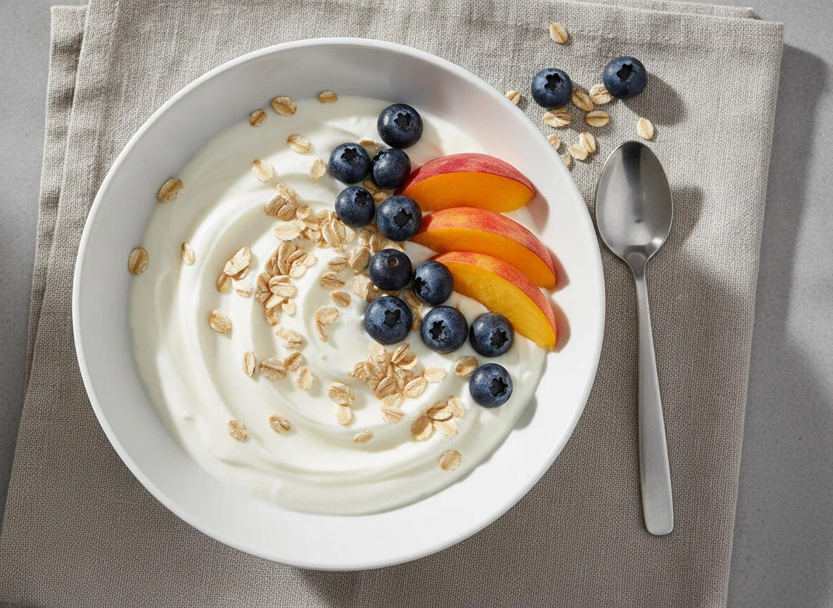 Frühstücks-Bowl mit Joghurt, Haferflocken und Früchten photo