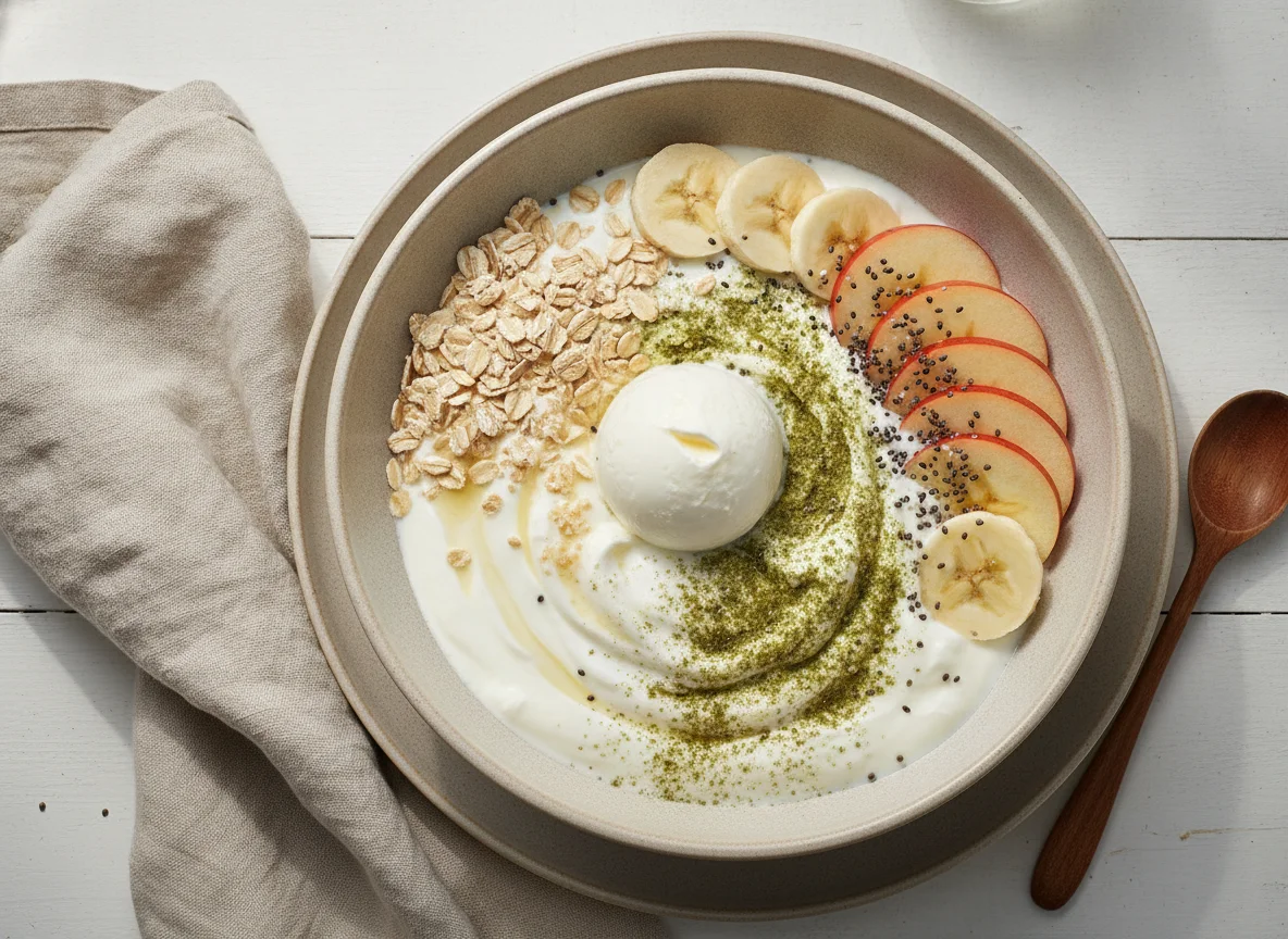 Frühstücks-Bowl mit Joghurt, Haferflocken und Obst photo
