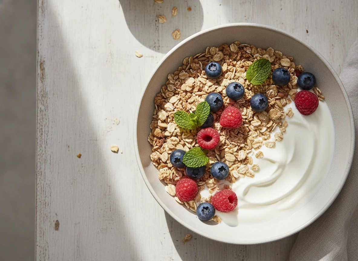 Frühstücks-Bowl mit Joghurt, Müsli und Beeren photo