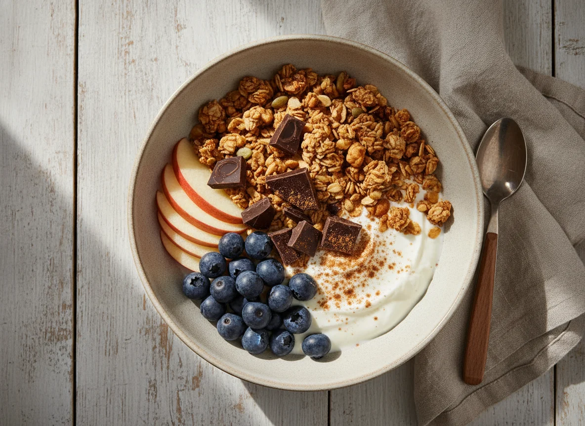 Frühstücks-Bowl mit Joghurt, Müsli und Früchten photo