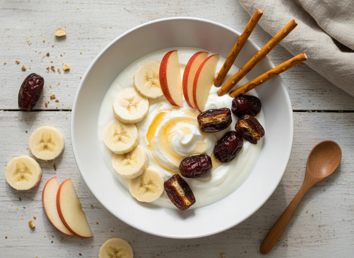 Frühstücks-Bowl mit Joghurt, Obst und Datteln photo