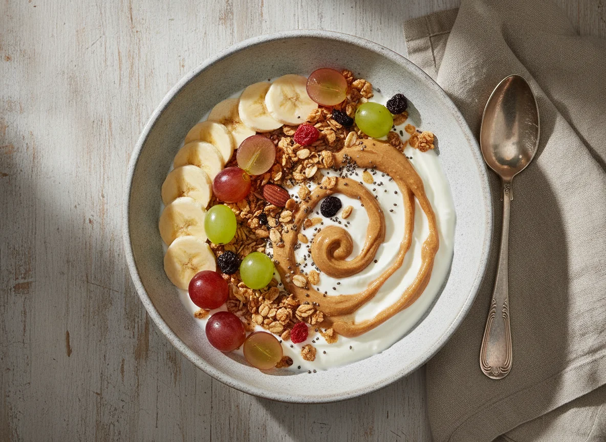 Frühstücks-Bowl mit Joghurt, Obst und Erdnussmus photo