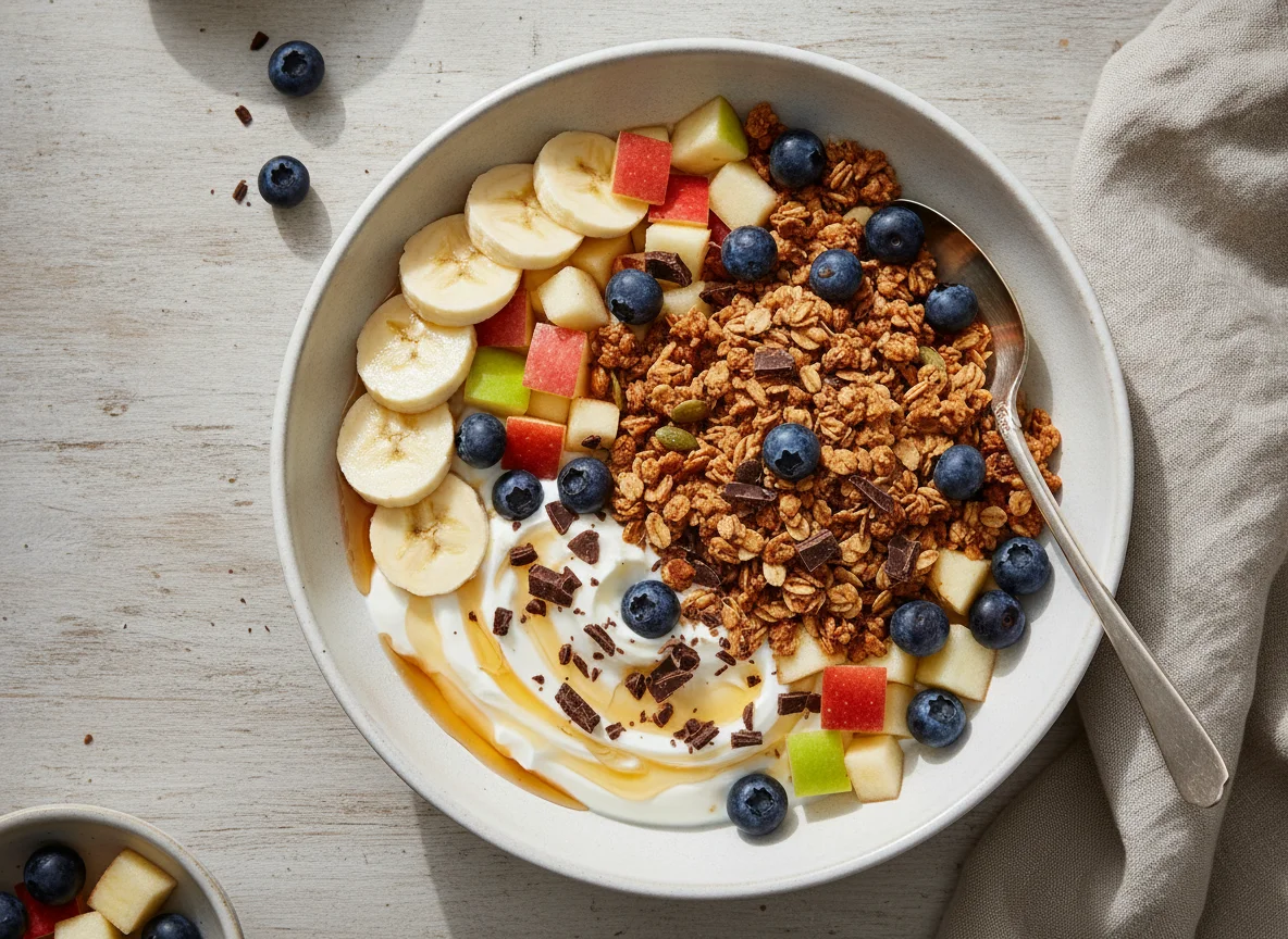 Frühstücks-Bowl mit Joghurt, Obst und Müsli photo
