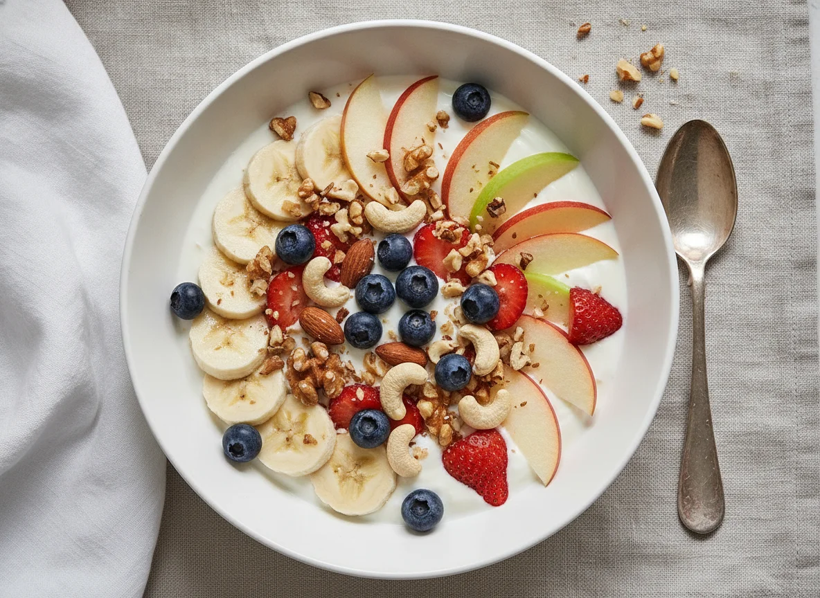 Frühstücks-Bowl mit Joghurt, Obst und Nüssen photo