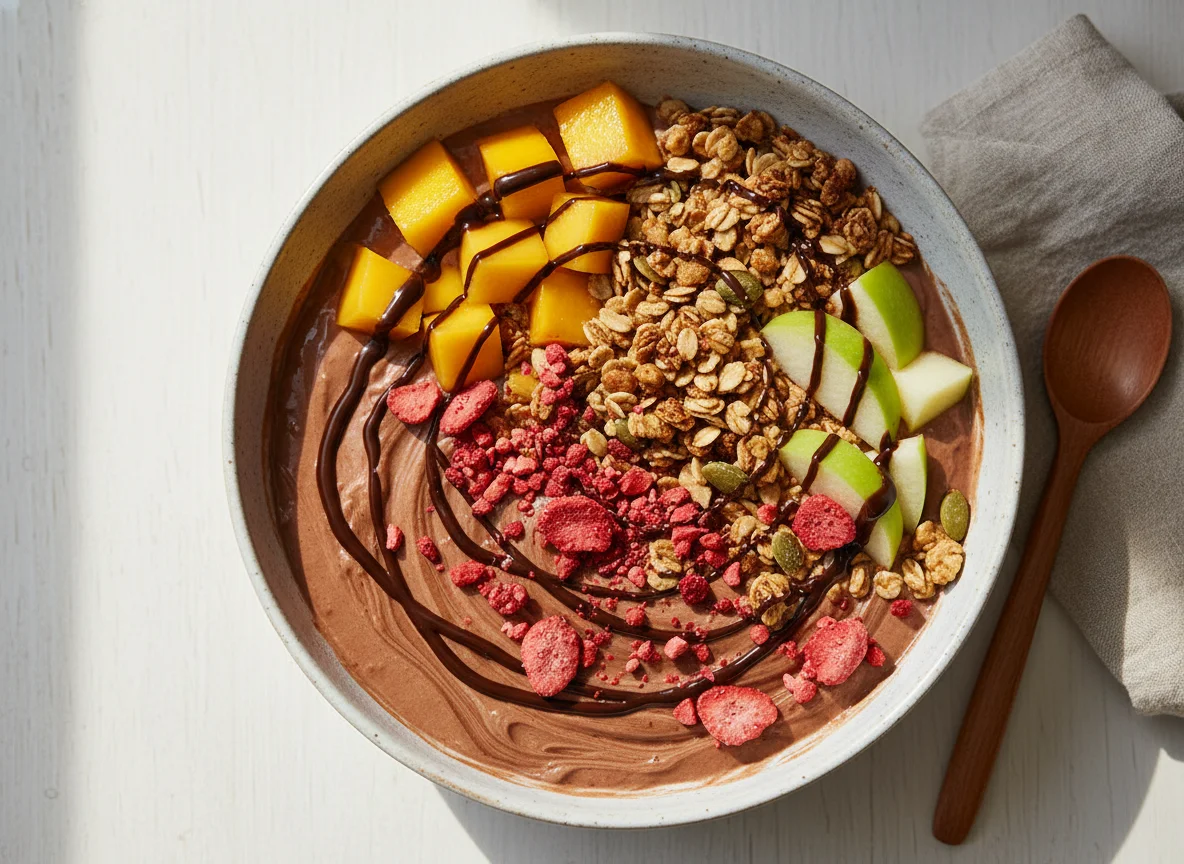 Frühstücks-Bowl mit Mango, Apfel und Müsli photo
