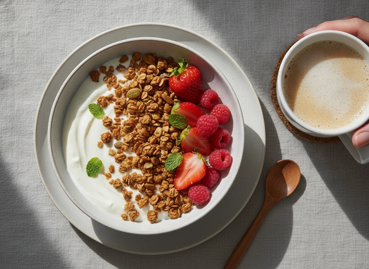 Frühstücks-Bowl mit Müsli, Beeren und Joghurt photo