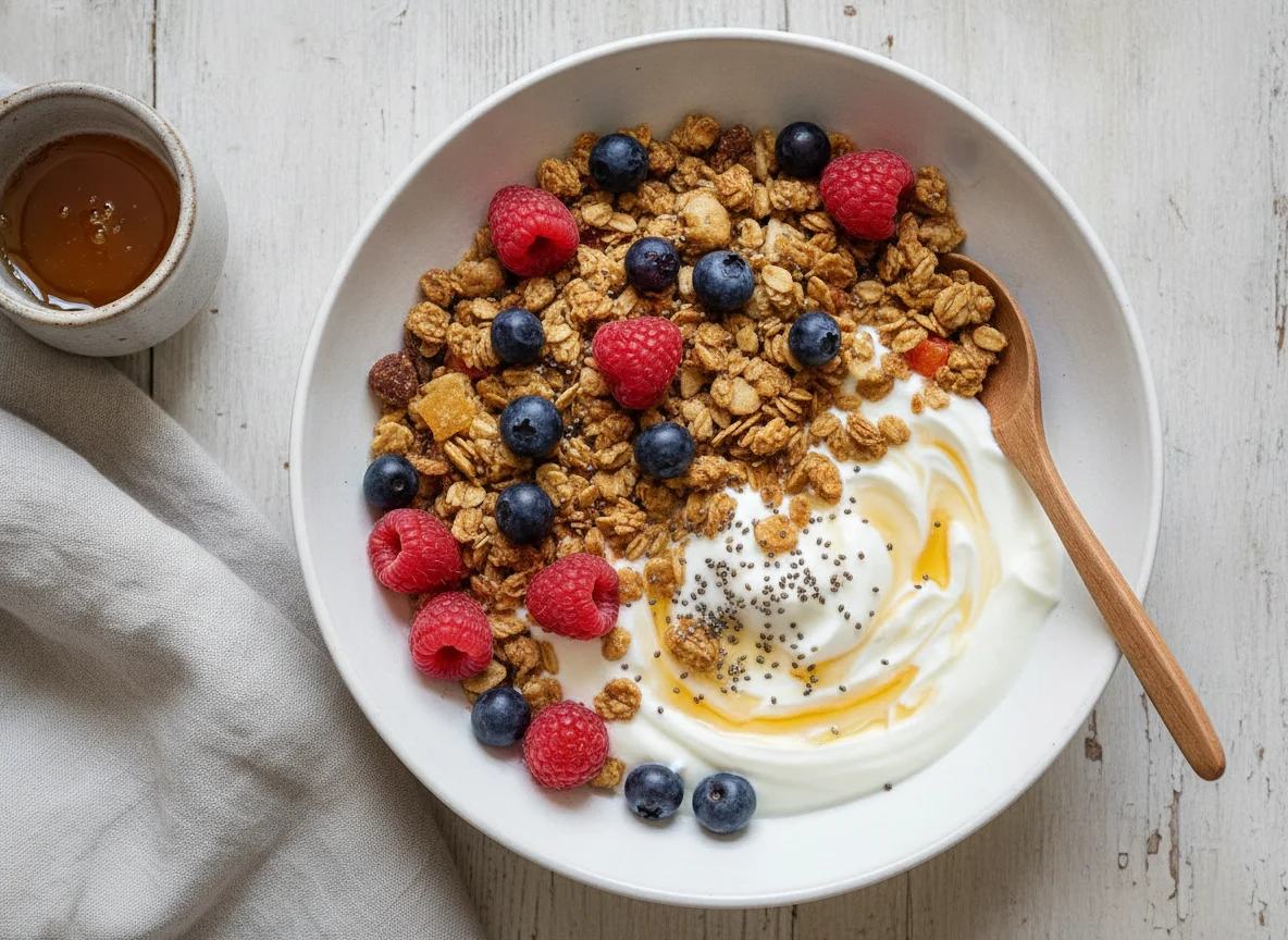 Frühstücks-Bowl mit Müsli, Joghurt und Beeren photo