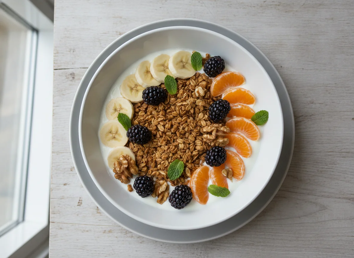 Frühstücks-Bowl mit Müsli, Joghurt und Früchten photo