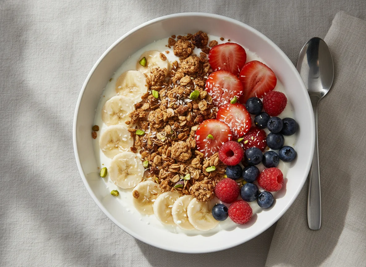 Frühstücks-Bowl mit Müsli und Früchten photo