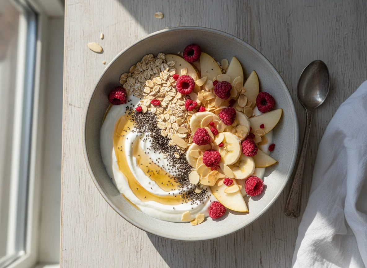 Frühstücks-Bowl mit Obst, Haferflocken und Nüssen photo