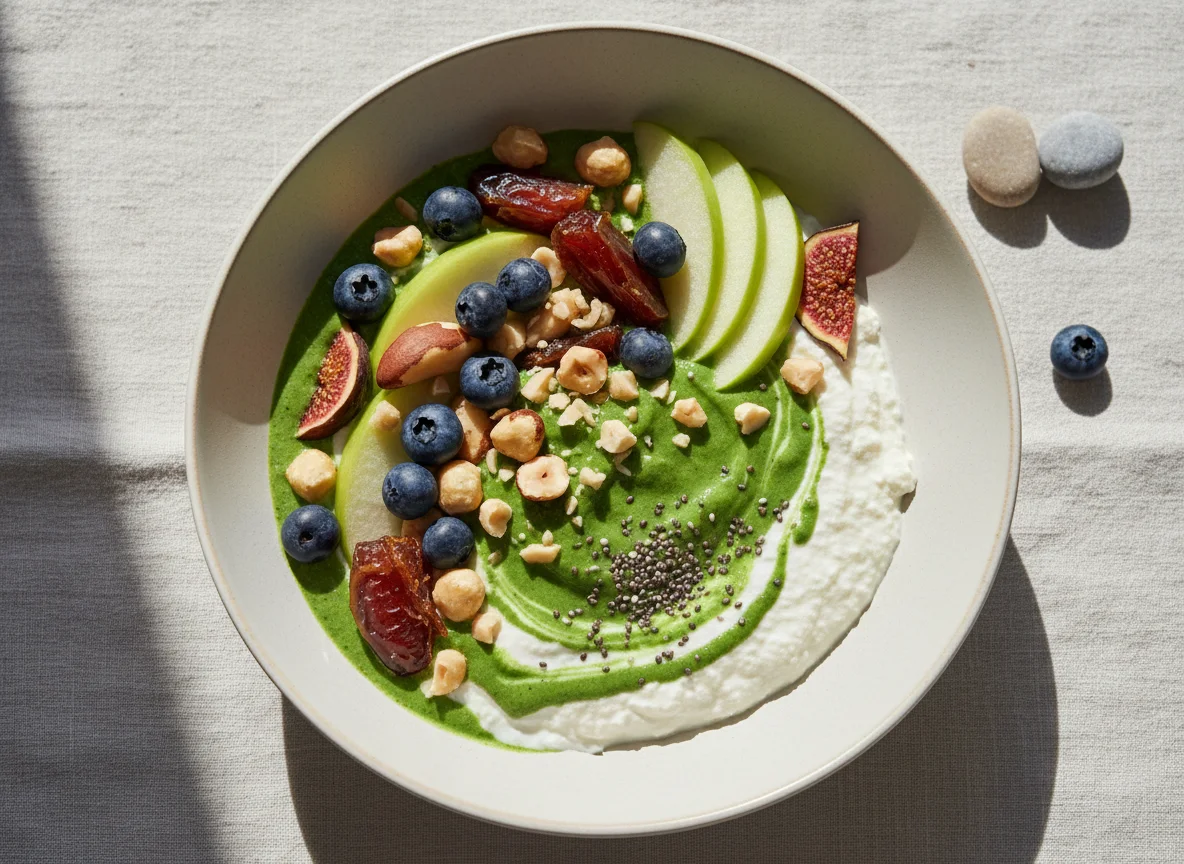 Frühstücks-Bowl mit Quark, Früchten und Nüssen photo