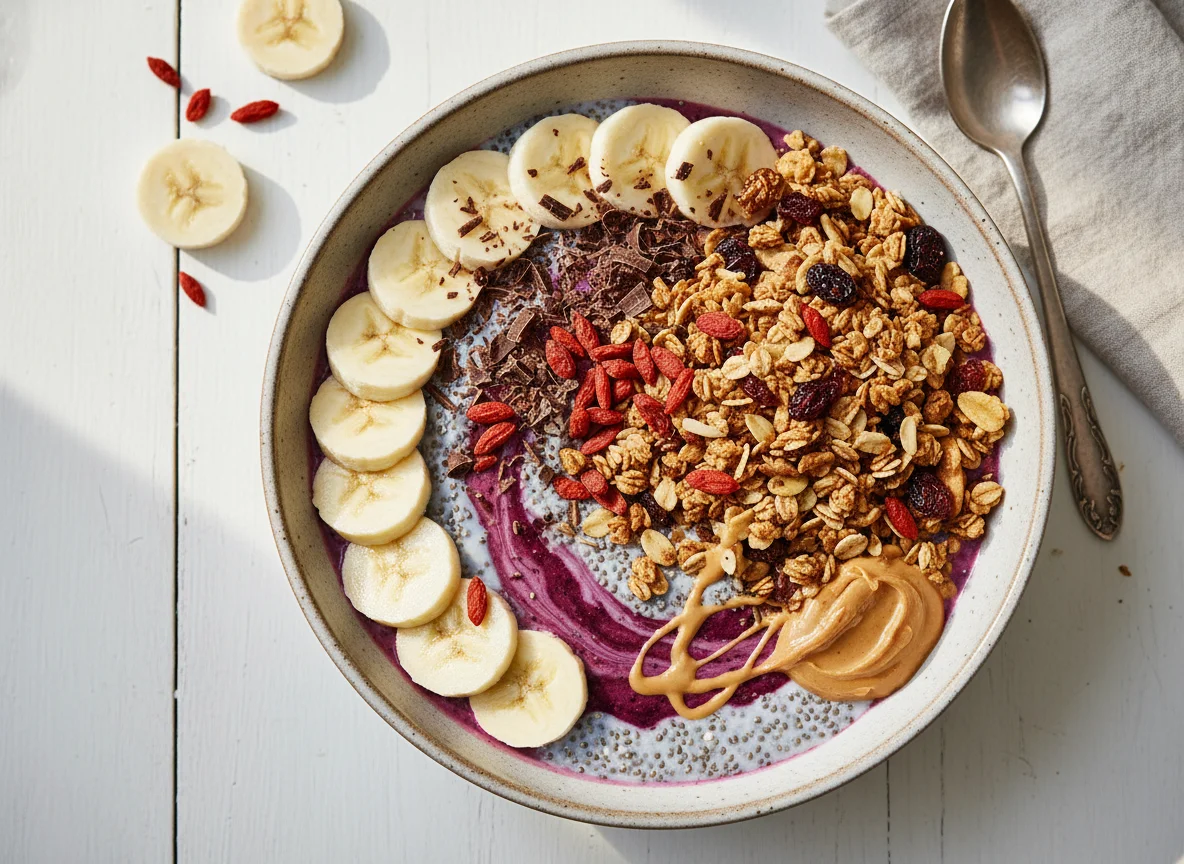 Frühstücksbowl mit Skyr, Smoothie, Banane, Müsli und Goji-Beeren photo