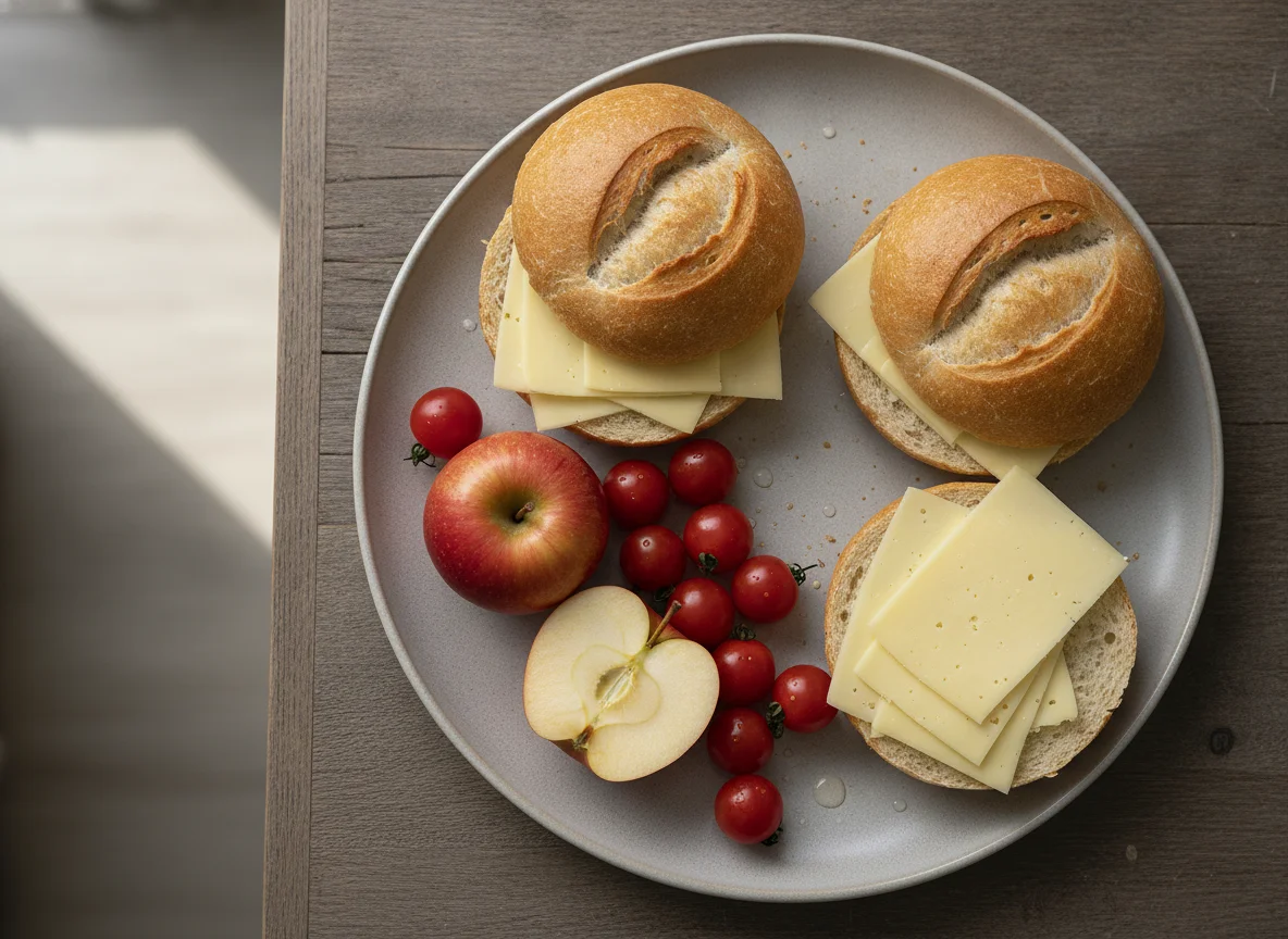 Frühstücksbox mit Brötchen, Äpfeln und Tomaten photo