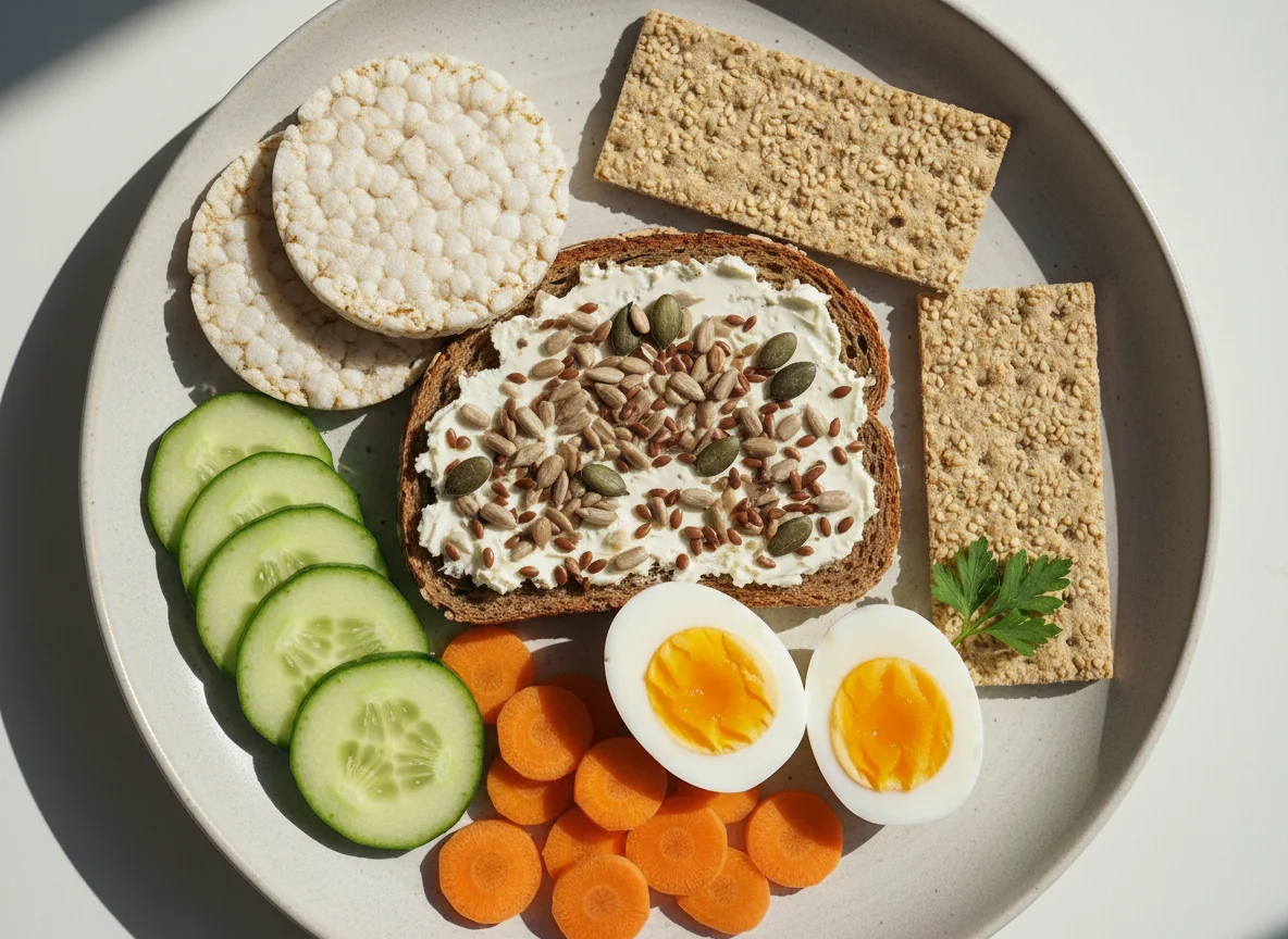 Frühstücksbox mit Vollkornbrot, Ei und Gemüse photo