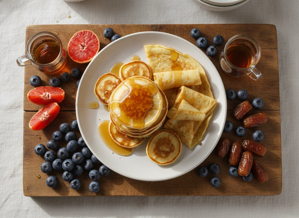 Frühstücksbrett mit Früchten und Pfannkuchen photo