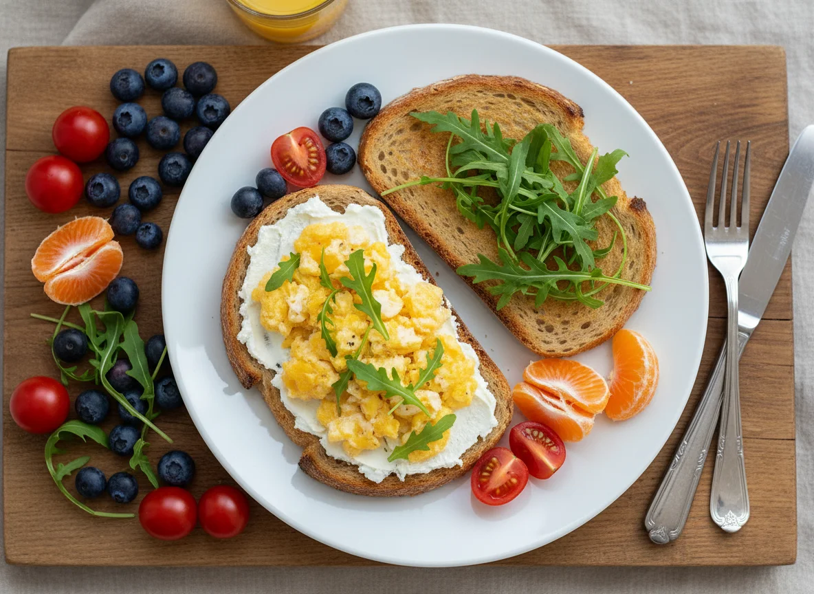 Frühstücksbrett mit Rührei-Brot und Früchten photo