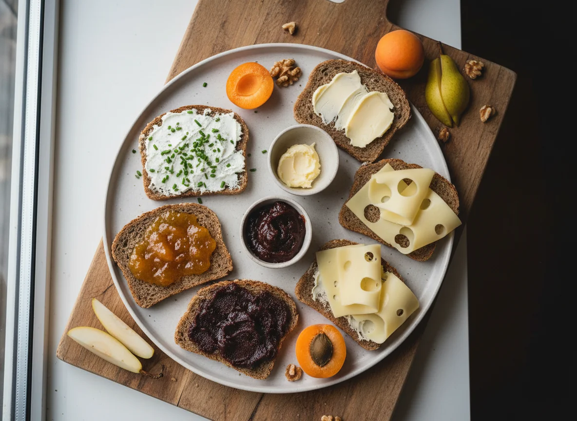 Frühstücksbrot mit Aufstrich und Käse photo