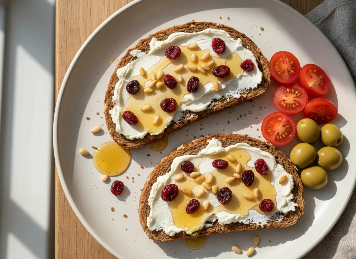 Frühstücksbrot mit Frischkäse, Honig und Beilagen photo