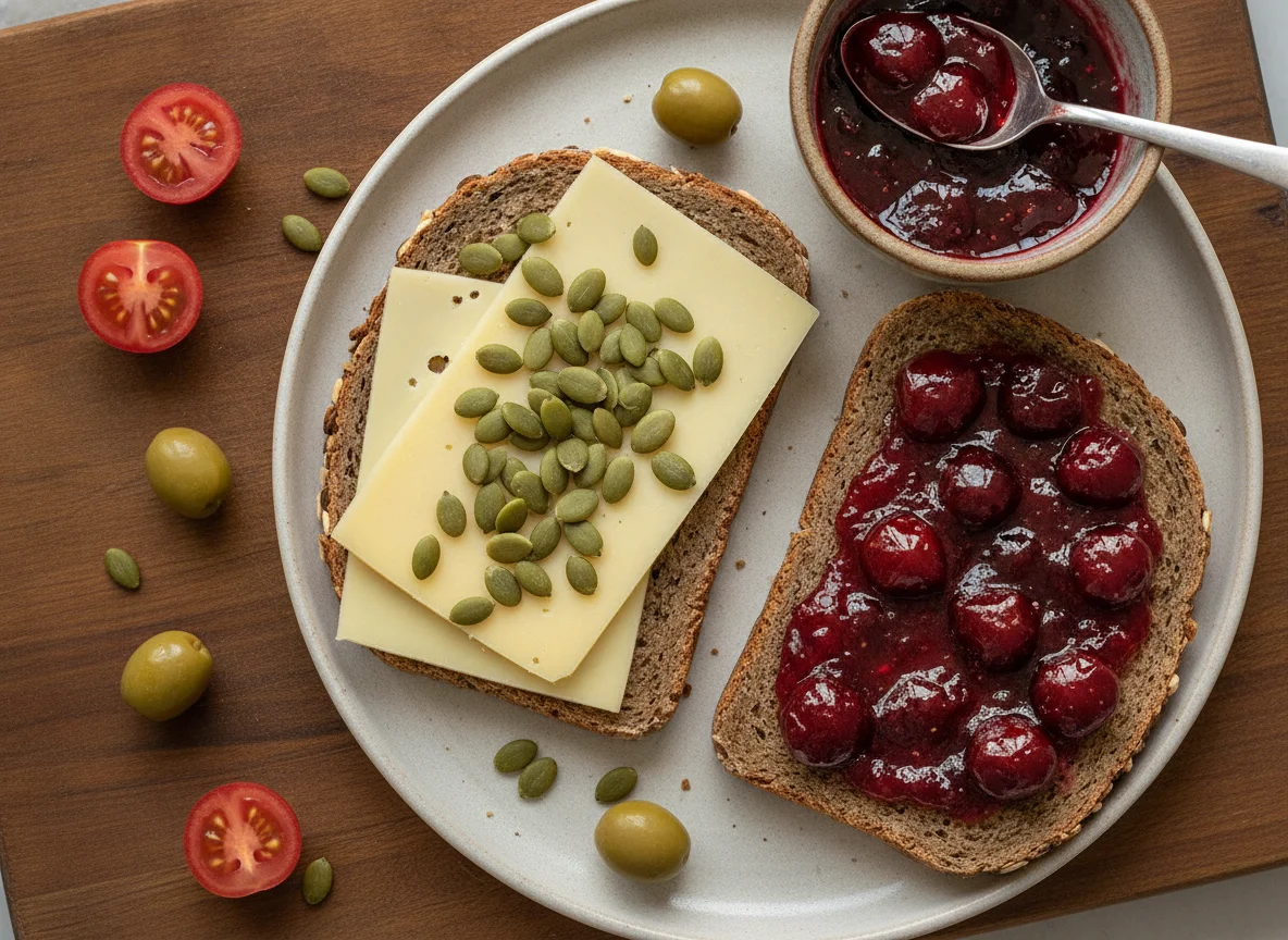 Frühstücksbrot mit Käse und Marmelade photo
