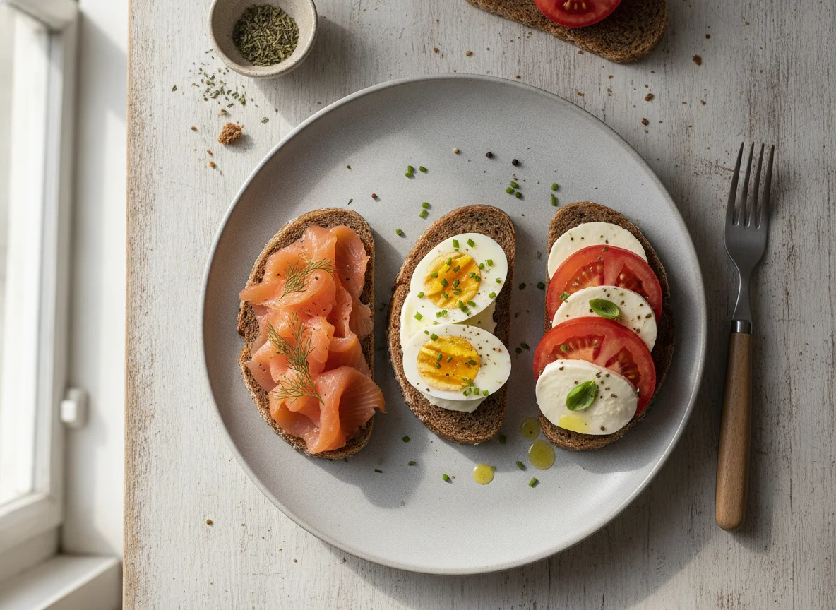 Frühstücksbrot mit Lachs, Ei und Tomate-Mozzarella photo