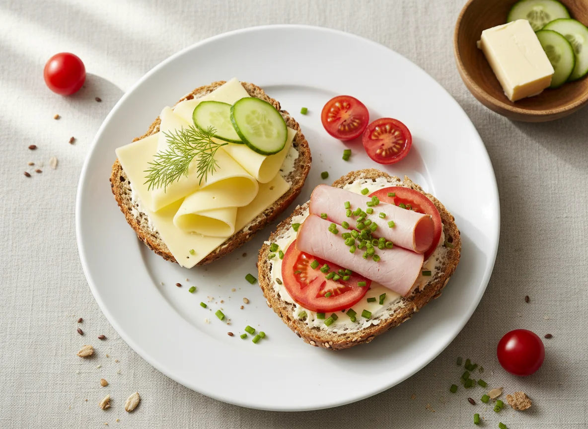 Frühstücksbrötchen mit Aufschnitt und Gemüse photo