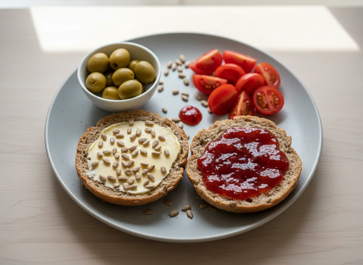 Frühstücksbrötchen mit Aufstrich, Oliven und Tomaten photo
