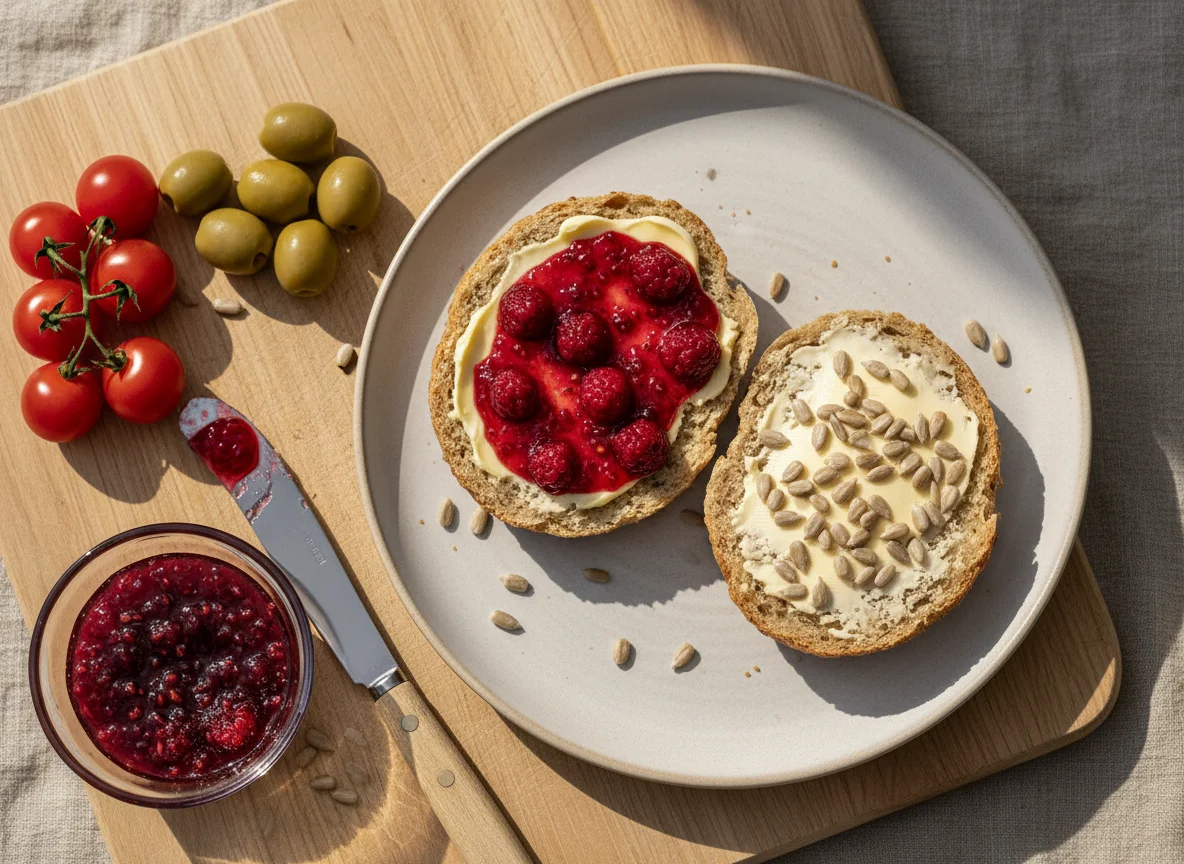 Frühstücksbrötchen mit Aufstrich und Beilagen photo