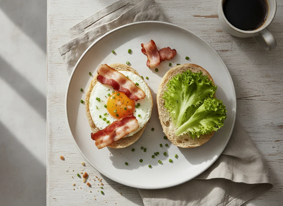 Frühstücksbrötchen mit Ei und Speck photo