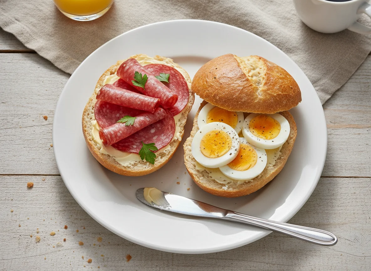 Frühstücksbrötchen mit Salami und Ei photo
