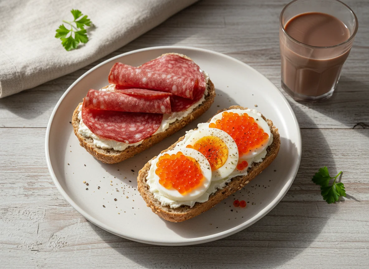 Frühstücksbrötchen mit Salami und Eiern mit Kaviar photo