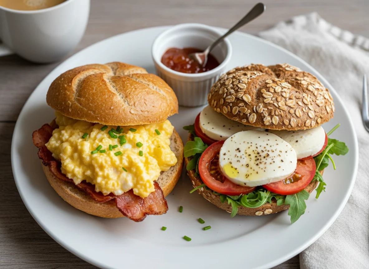 Frühstücksbrötchen mit Speck-Ei und Mozzarella-Tomate photo