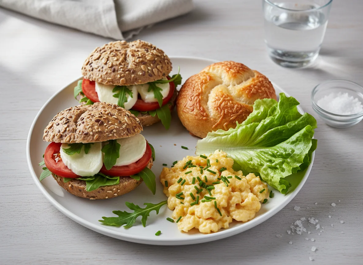 Frühstücksbrötchen und Käsebrötchen mit Rührei photo