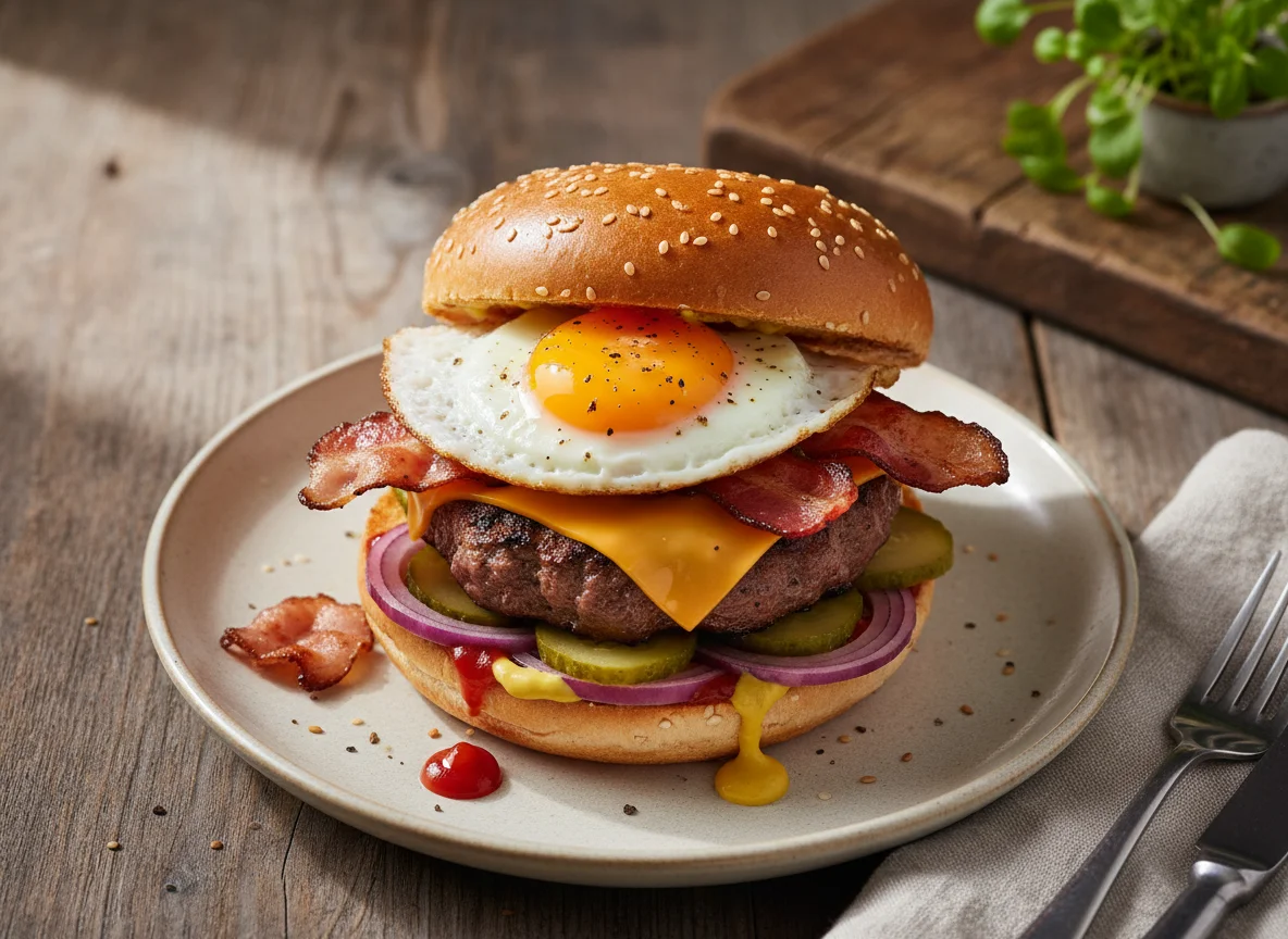 Frühstücks-Burger mit Ei und Speck photo