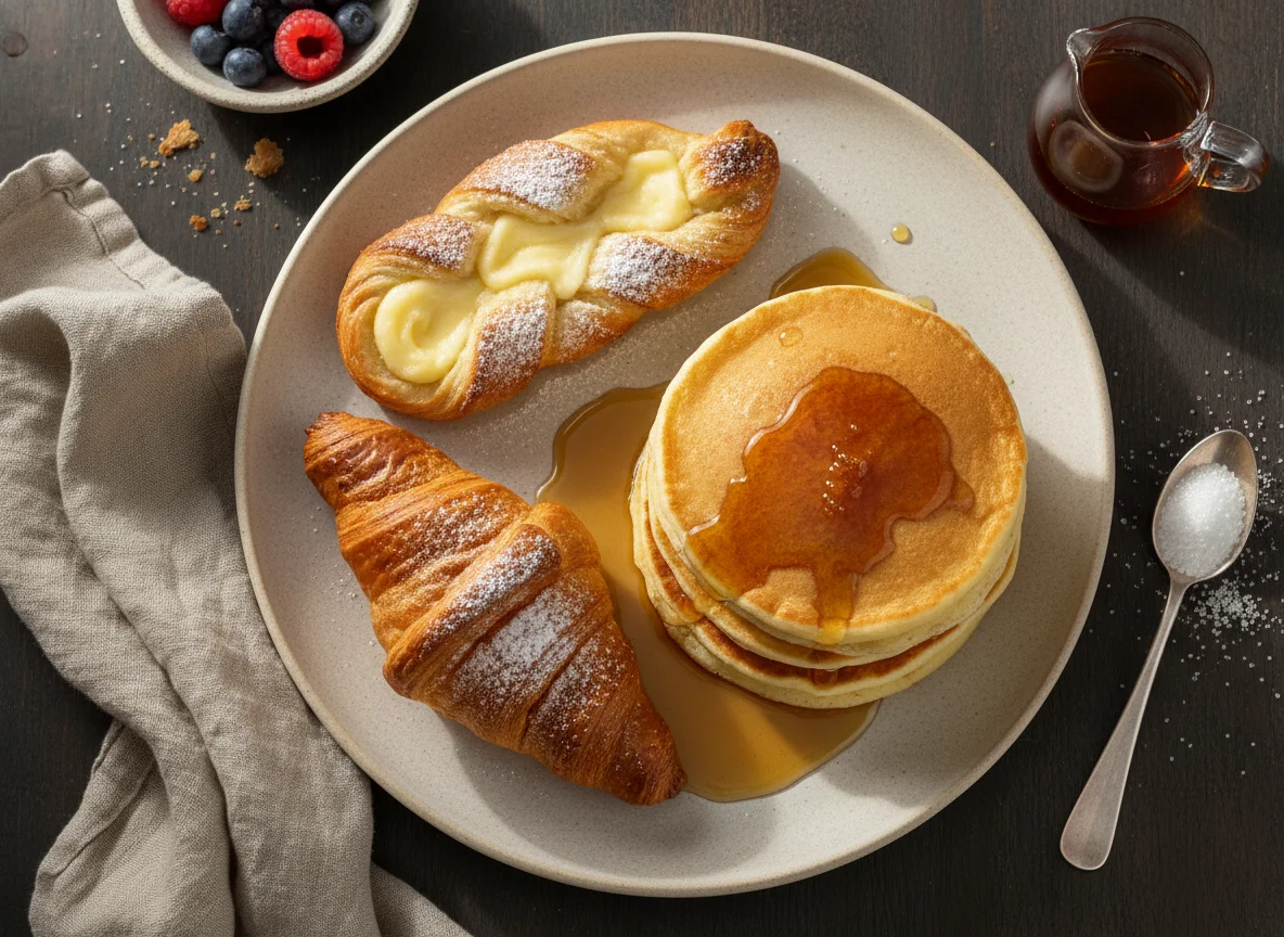Frühstücksgebäck und Pfannkuchen photo