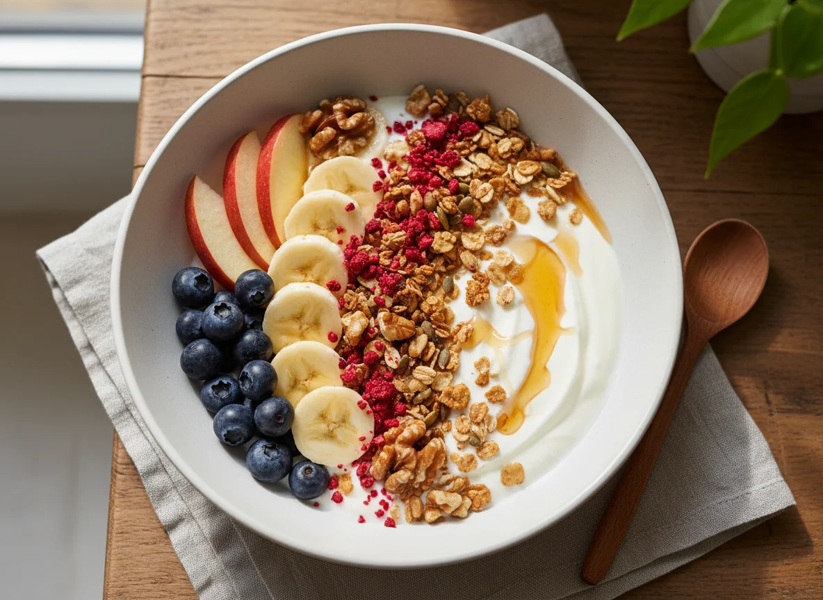 Frühstücks-Joghurt mit Früchten und Müsli photo