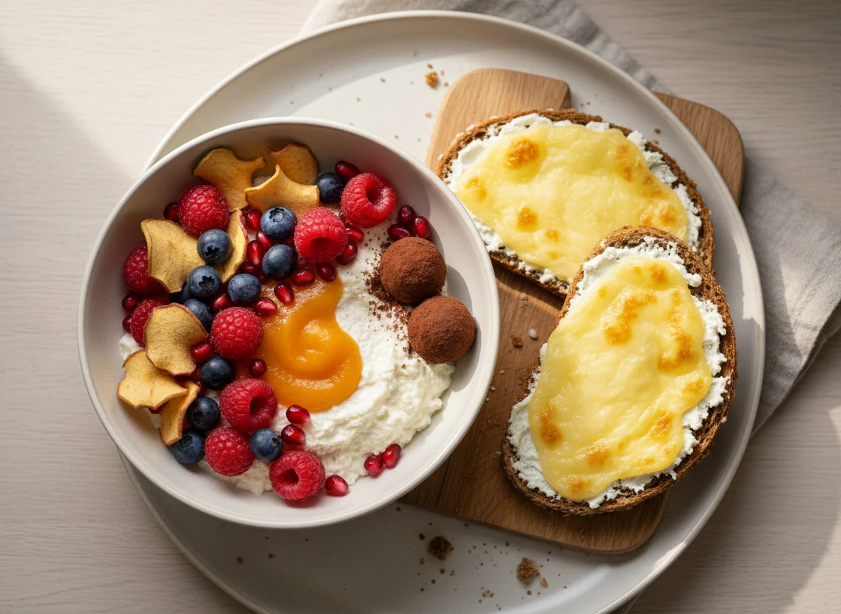 Frühstücksjoghurt und Käsebrot photo