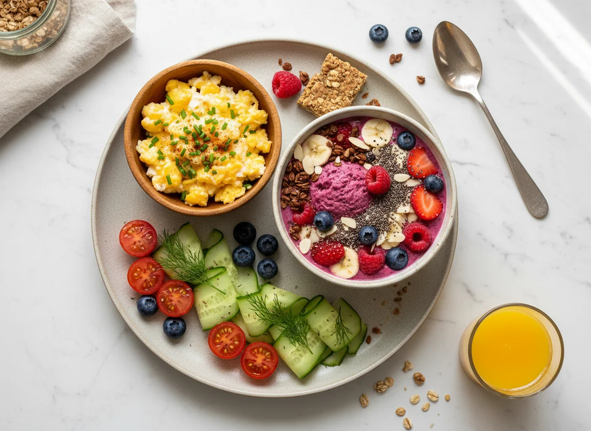 Frühstückskombination mit Rührei, Smoothie-Bowl und Gemüse photo