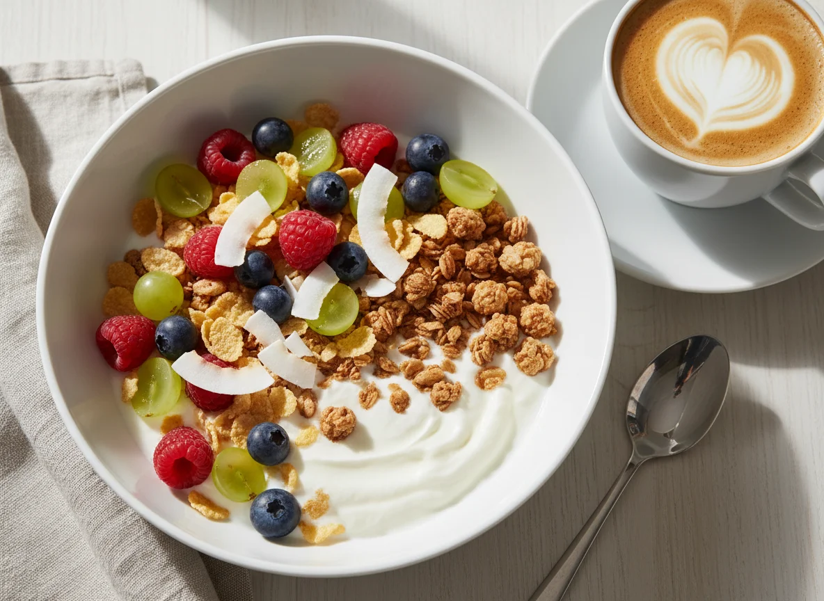 Frühstücks-Müsli mit Früchten und Kokosraspeln photo