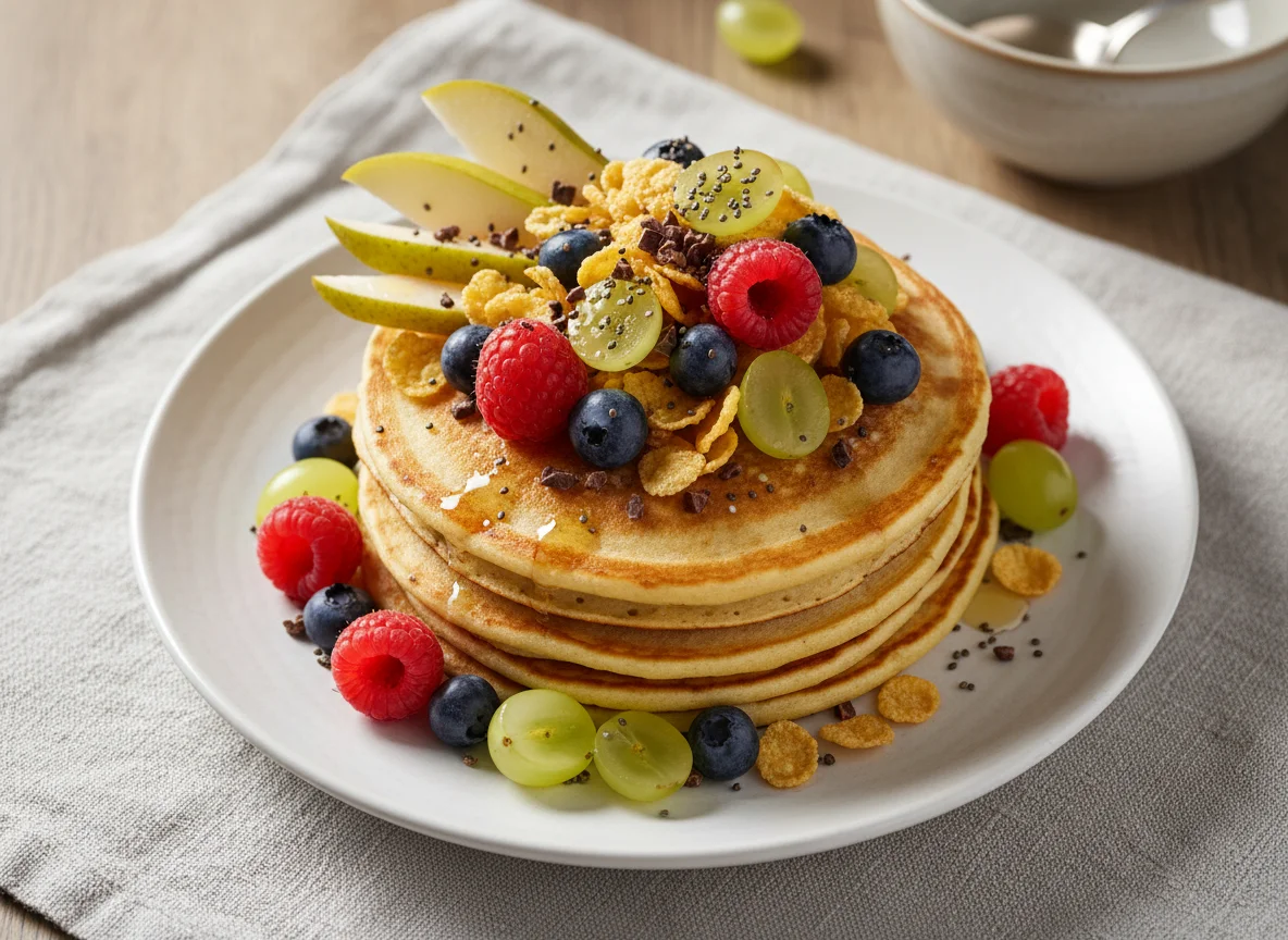 Frühstückspfannkuchen mit Früchten und Müsli photo