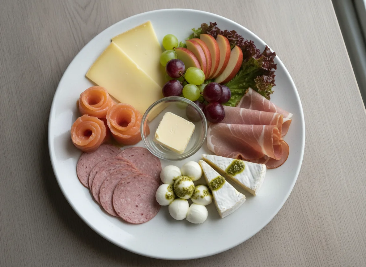 Frühstücksplatte mit Aufschnitt, Käse und Obst photo