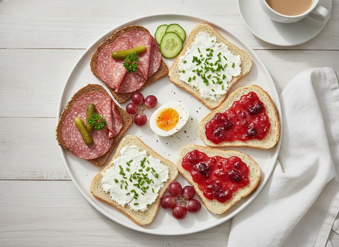 Frühstücksplatte mit belegten Broten photo
